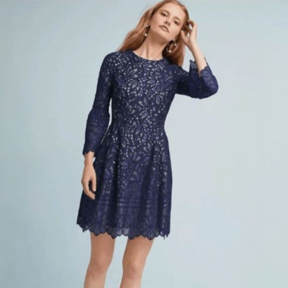 ELIZA J Reverie Navy Blue Nude Lined Lace Dress Bell Sleeves Fit Flare Size 8 - Picture 2 of 16